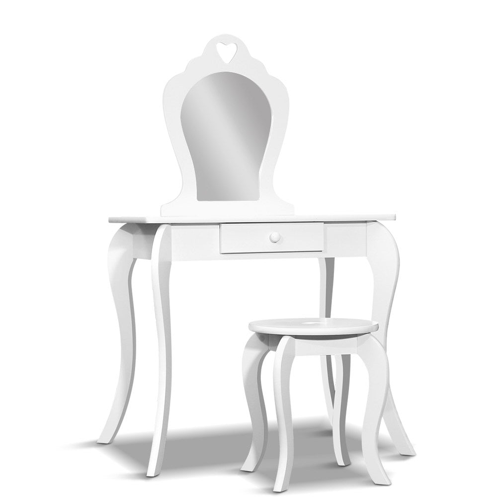 Keezi White Kids Vanity Dressing Table Stool Set featuring a faux mirror, heart-shaped motif, and functional drawer, perfect for little girls.